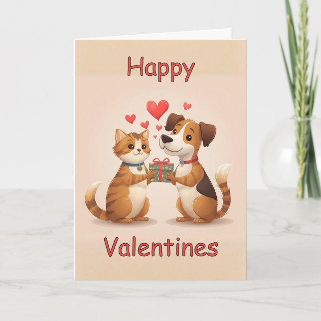 Tarjeta Happy Valentines Cat & Dog design (Anverso)