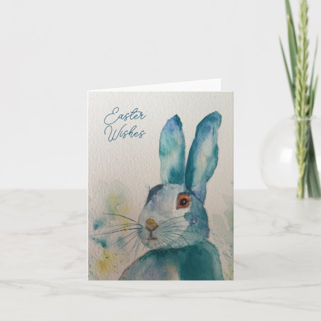Tarjeta Hare Rabbit Watercolor Blue Easter (Anverso)