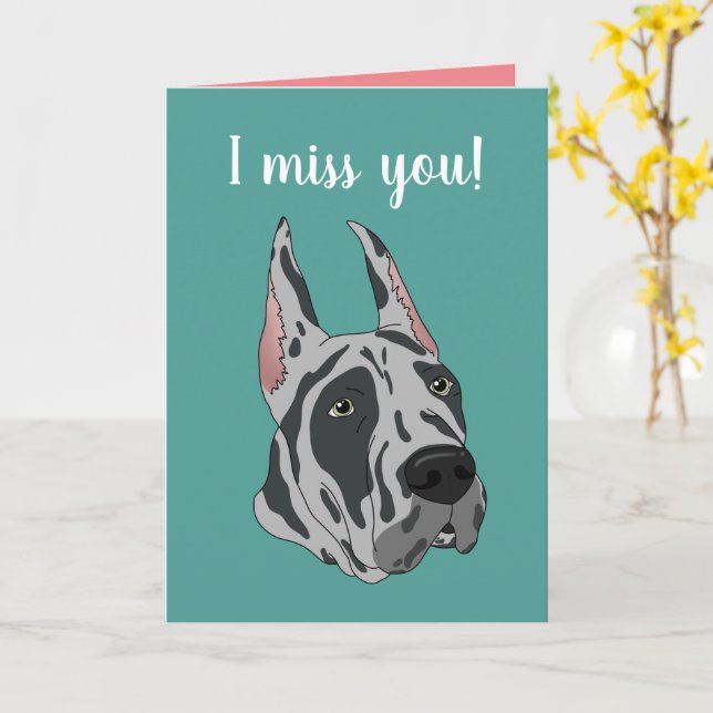 Tarjeta Harlequin Grey Gran Danés Te Extraño (flor amarilla)