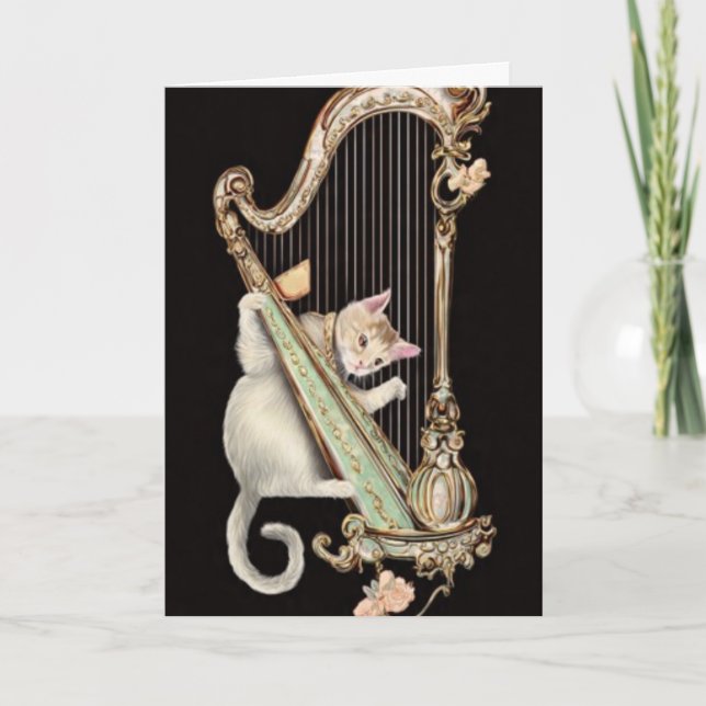 Tarjeta Harmonic Whiskers – Cat & Harp Greeting Card (Anverso)