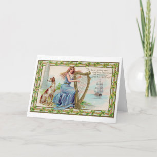 Tarjeta Harp and Dog, Shamrock, St. Patrick's Day, Vintage