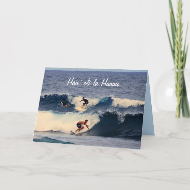 Tarjeta Hau`oli la Hanau Birthday Hawaiian Surfers (Anverso)