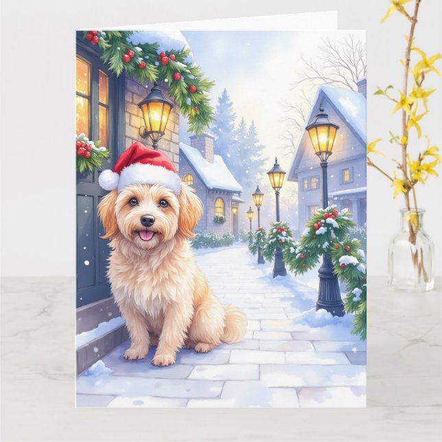 Tarjeta Havanese Snowy Village Walk Santa Hat Christmas (flor amarilla)