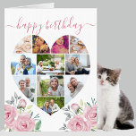 Tarjeta Heart 11 Collage de fotos Pink Peony Big Birthday<br><div class="desc">Dile Feliz cumpleaños a una dama especial con una tarjeta de collage de fotos de corazón de amor decorada con flores de peonía rosadas bonitos. La plantilla de fotos está configurada para que agregue sus imágenes, trabajando en filas de arriba a abajo. El collage de fotos contiene 11 fotos que...</div>