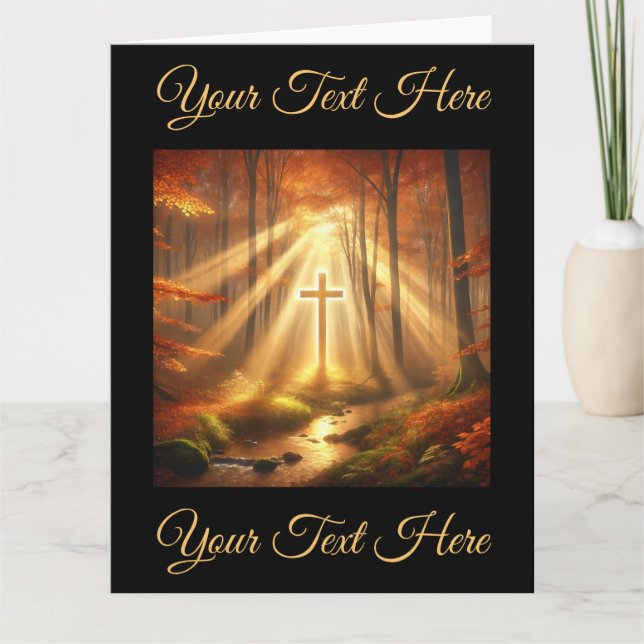 Tarjeta Heavenly Golden Cross en el bosque otoñal (Anverso)