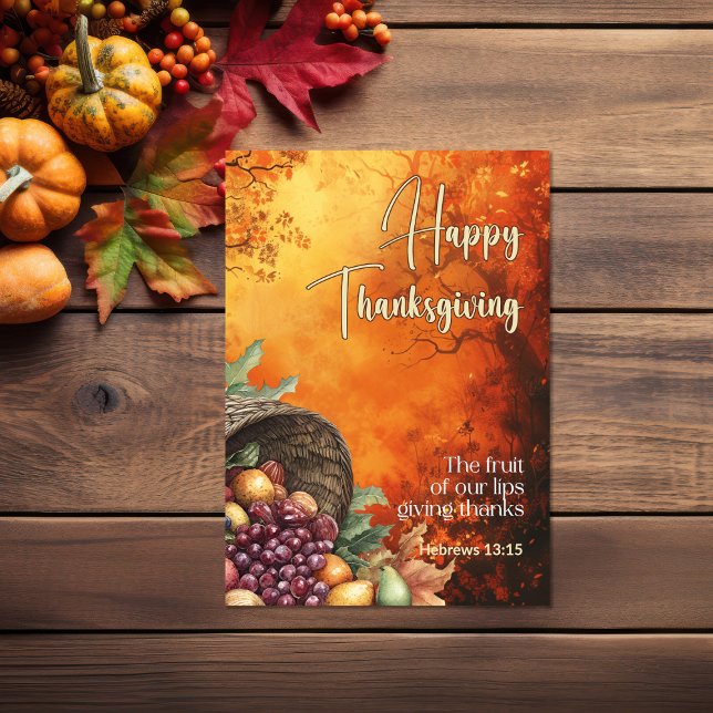 Tarjeta Hebreos de Sunset Forest 13:15 Feliz Día de Acción (Sunset forest harvest Bible verse Thanksgiving Card)