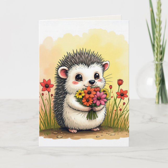Tarjeta Hedgehog Aniversario Con Bouquet De Flores (Anverso)