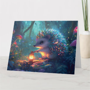 Tarjeta Hedgehog caprichoso y linterna en un bosque encant