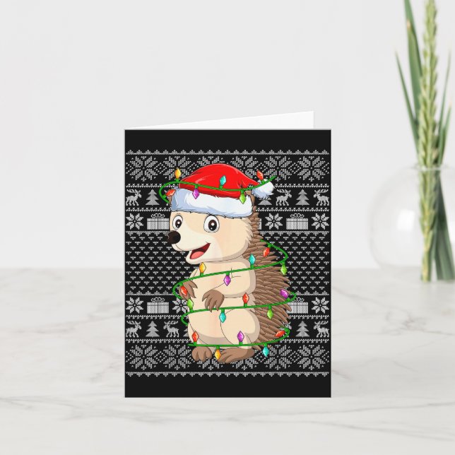 Tarjeta Hedgehog Christmas Lights Ugly Sweater Funny Santa (Anverso)