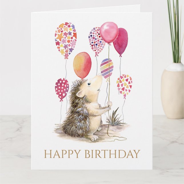 Tarjeta Hedgehog con globos rosados Feliz cumpleaños (Anverso)
