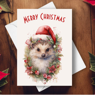 Tarjeta Hedgehog en un Navidad de Santa Hat Red Poinsettia