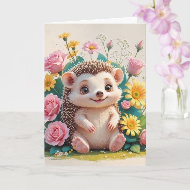 Tarjeta Hedgehog feliz con flores en blanco (Orquídea)
