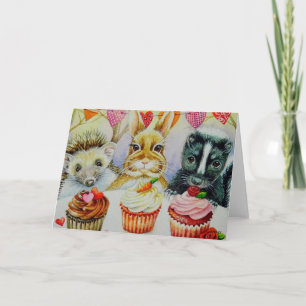 Tarjeta Hedgehog Rabbit Skunk & Cupcakes Watercolor Art