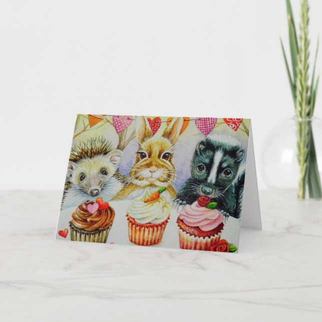 Tarjeta Hedgehog Rabbit Skunk & Cupcakes Watercolor Art (Anverso)
