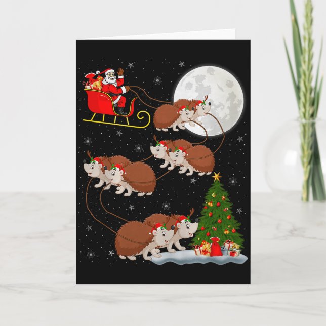 Tarjeta Hedgehog Santa Sleigh Flying Funny Magical Christm (Anverso)