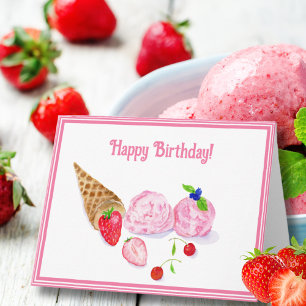 Tarjeta Helado De Fresa Con Cerezas Cumpleaños A La Acuare