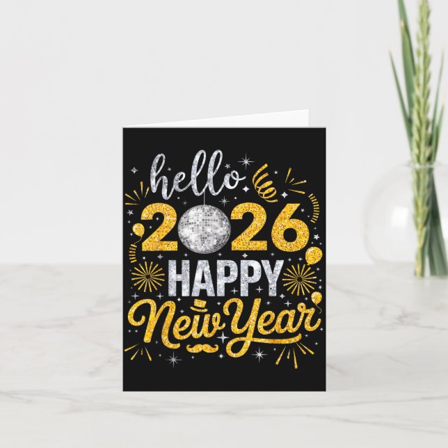 Tarjeta Hello 2026 Happy New Year Fireworks Balloons Famil (Anverso)