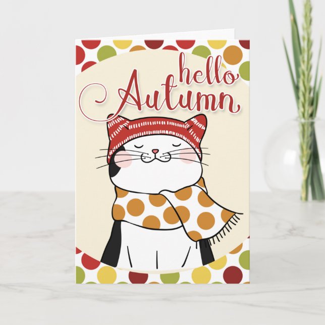 Tarjeta Hello Autumn Card - Cute Fall Season Kitty (Anverso)