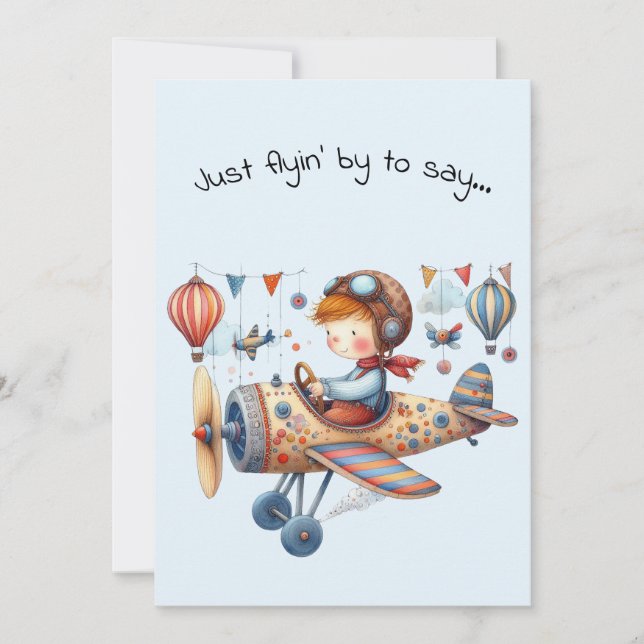 Tarjeta Hello Friendship Kid Flying Whimsical Plane (Anverso)
