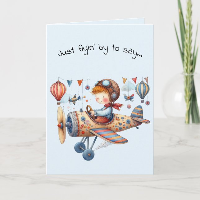 Tarjeta Hello Friendship Kid Flying Whimsical Plane (Anverso)