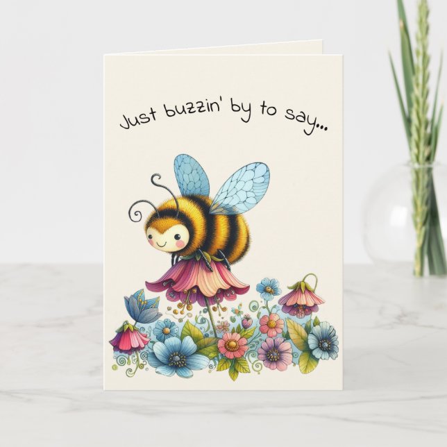 Tarjeta Hello Friendship Whimsical Bee and Flowers (Anverso)