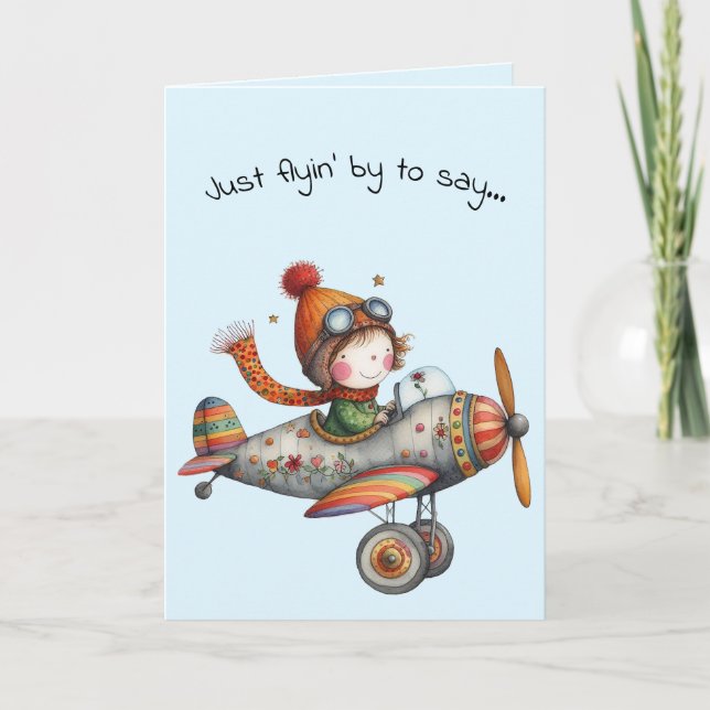 Tarjeta Hello Friendship Whimsical Kid Flying Plane (Anverso)