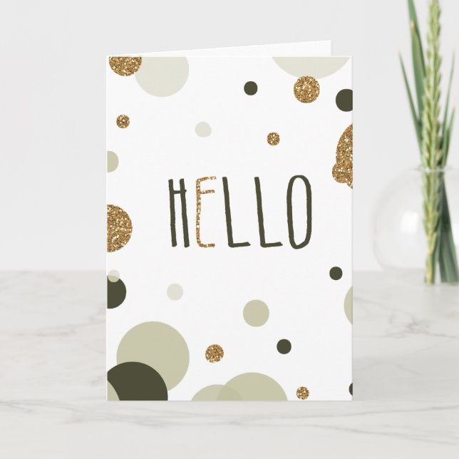 Tarjeta Hello Gold Faux Purpurinas Dots (Anverso)