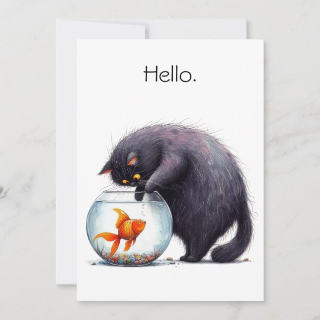 Tarjeta Hello Hi Black Cat and Goldfish Bowl Funny (Anverso)