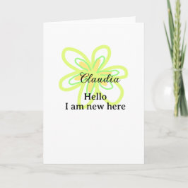 Tarjeta Hello I am new here name yellow green flower kids