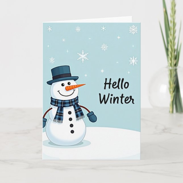 Tarjeta Hello Winter Card Cute Snowman Top Hat (Anverso)