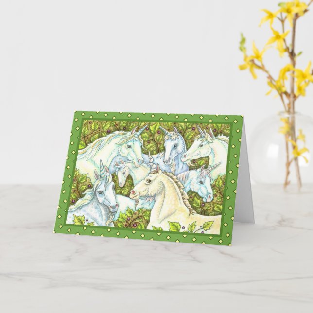 Tarjeta HERD UNICORN MEDIEVAL, CABALLOS, Fantasía STALLION (flor amarilla)