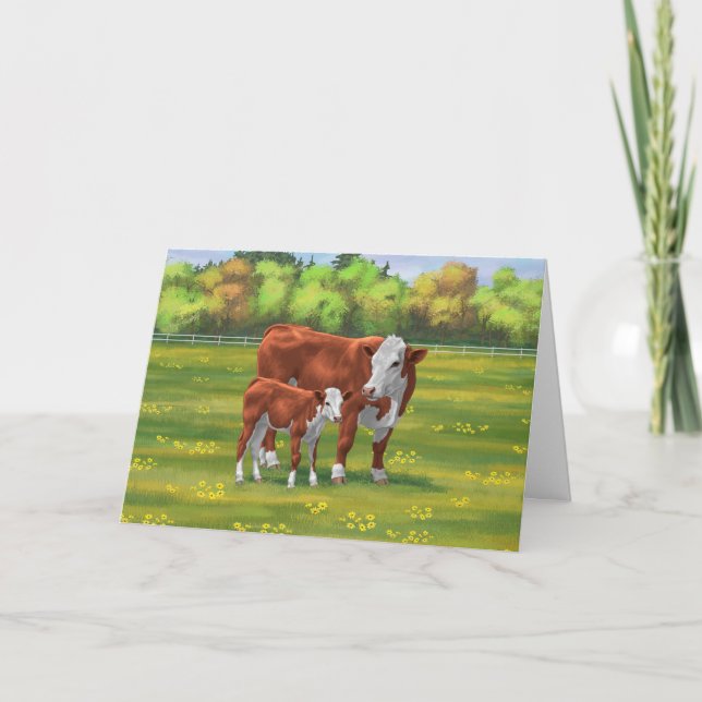 Tarjeta Hereford Vaca y ternera en la pastelería de verano (Anverso)