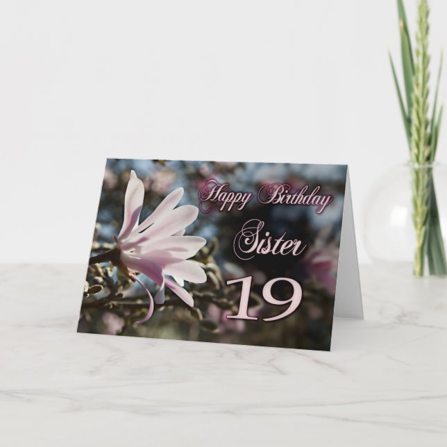 Tarjeta Hermana 19º cumpleaños con magnolia (Anverso)