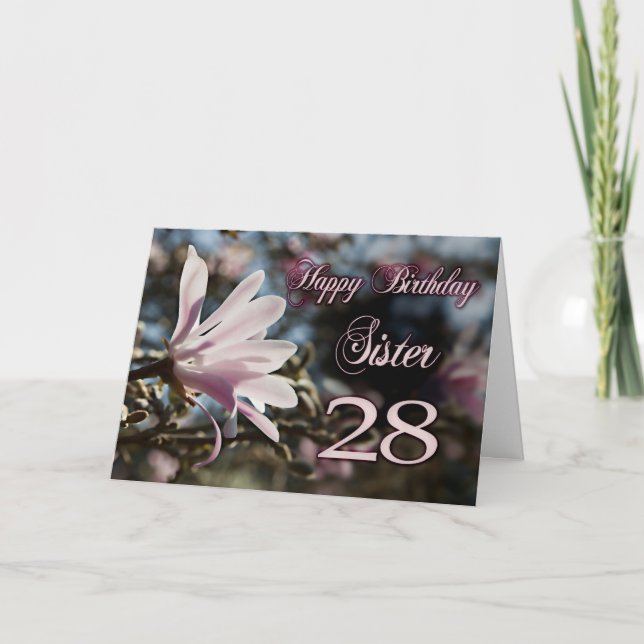 Tarjeta Hermana 28º cumpleaños con magnolia (Anverso)