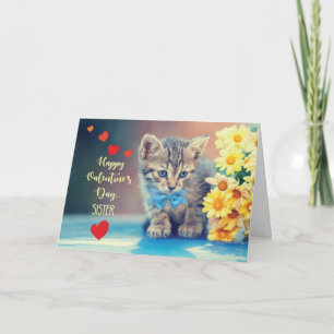 Tarjeta Hermana Amor Gatito de San Valentín con Margaritas