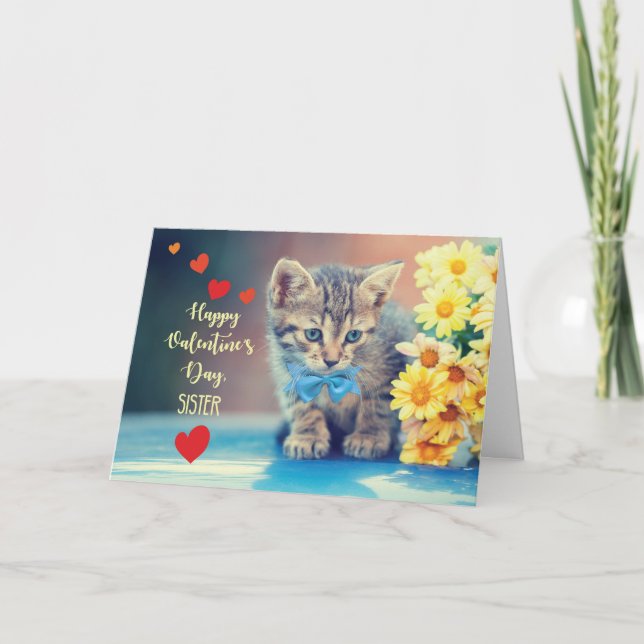 Tarjeta Hermana Amor Gatito de San Valentín con Margaritas (Anverso)