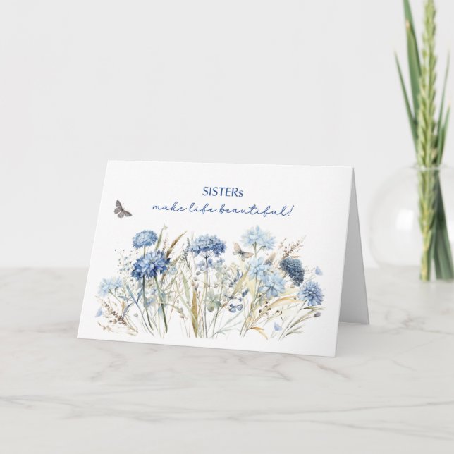 Tarjeta Hermana Cumpleaños Dusty Blue Wildflowers (Anverso)