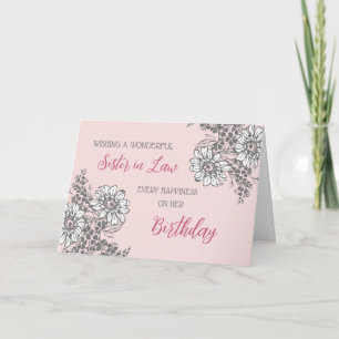 Tarjeta Hermana de flores grises y rosas en la ley cumplea