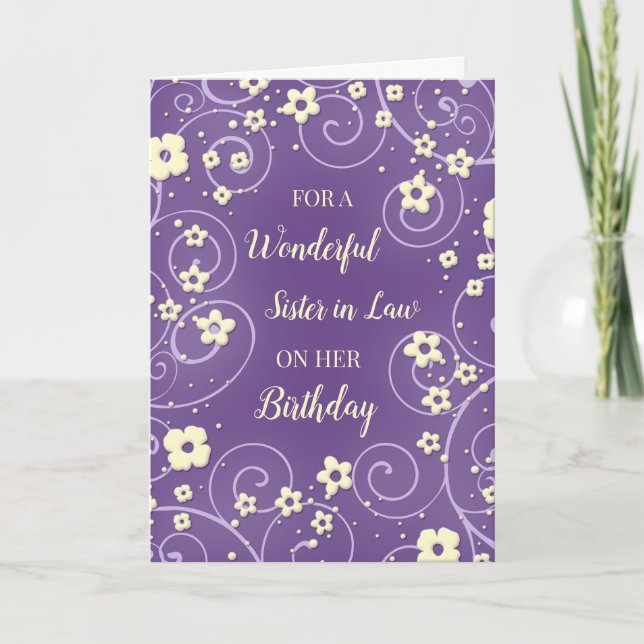 Tarjeta Hermana de flores moradas en cumpleaños de ley (Anverso)