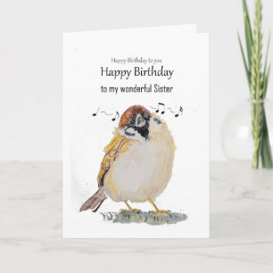 Tarjeta Hermana divertida feliz cumpleaños gorrión pájaro