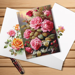 Tarjeta Hermana Especial Rosas Rosadas Brillantes Cumpleañ