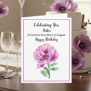 Tarjeta Hermana Feliz Agosto Cumpleaños Púrpura Adormidera