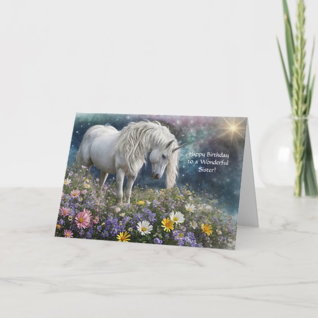 Tarjeta Hermana feliz cumpleaños con Bonito Unicornio (Anverso)