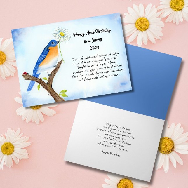 Tarjeta Hermana feliz cumpleaños de abril con pájaro azul (Subido por el creador)