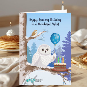 Tarjeta Hermana Feliz Cumpleaños Enero Búho de las Nieves