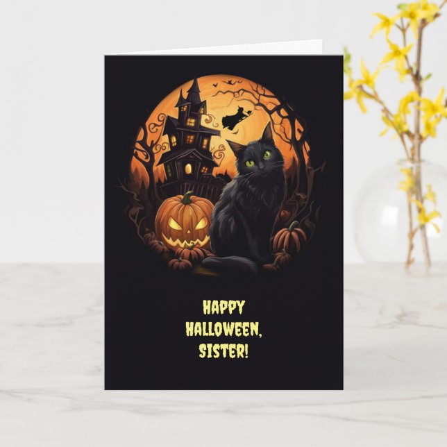 Tarjeta Hermana feliz gato y bruja de Halloween con embruj (flor amarilla)