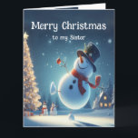 Tarjeta Hermana feliz Snowman Navidades de chocolate calie<br><div class="desc">Navidades de chocolate caliente de Snowman feliz lindo para tu hermana</div>