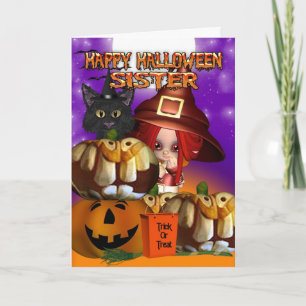 Tarjeta Hermana Halloween bruja gato calabaza jack o lante