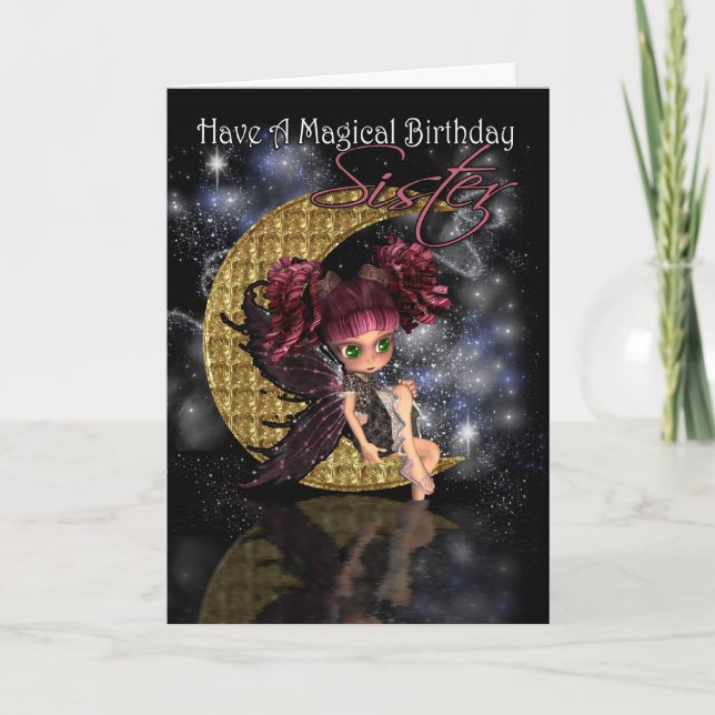 Tarjeta Hermana Magical Birthday lindo hada de luna (Anverso)