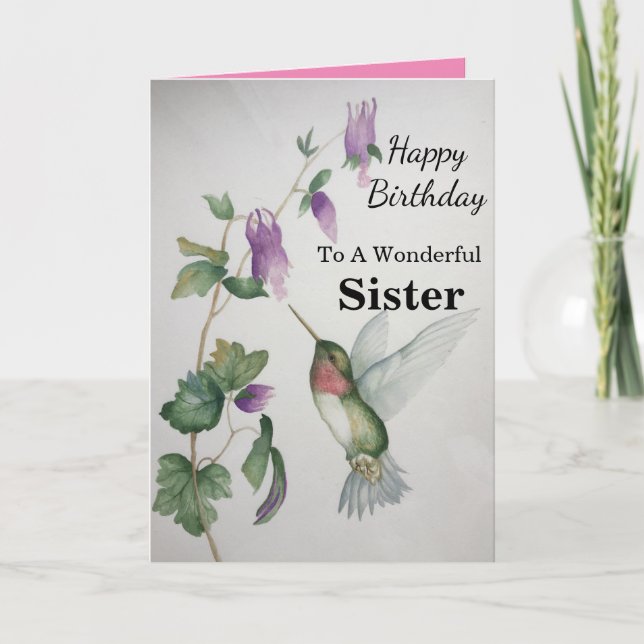 Tarjeta Hermana Maravillosa Cumpleaños Hummingbird Jardín (Anverso)